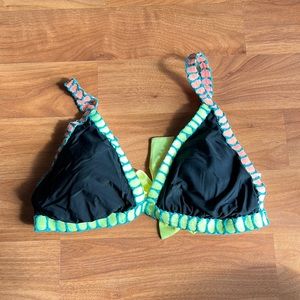 Black bikini top with blue, pink, and lime green color accents.